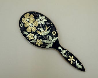 Vintage Handheld Vanity Mirror Gold Black Floral Bird Inlay Ornate Decorative Mini Makeup Mirror Victorian Style Dresser Decor