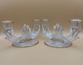 Fostoria Baroque Candlestick Holders Pair Clear Etched Glass Candle Holders Floral Base Gold Detail Vintage Table Decor