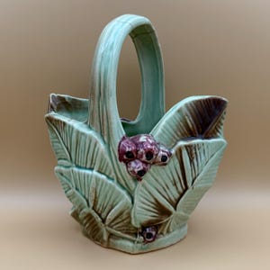 McCoy Green Aqua Ceramic Basket with Leaf and Berry Motif, Decorative Planter Bowl, Rustic Cottage Shelf or Table Decor