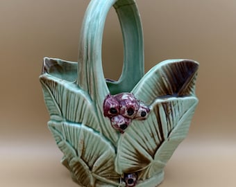 McCoy Green Aqua Ceramic Basket with Leaf and Berry Motif, Decorative Planter Bowl, Rustic Cottage Shelf or Table Decor