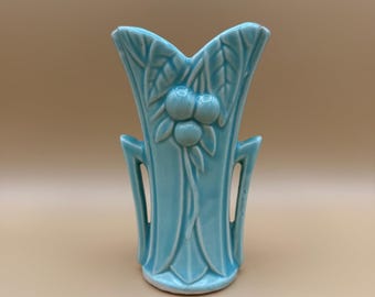 McCoy Turquoise Ceramic Vase with Leaf and Berry Motif, Art Deco Pottery Decor, 1940s Collectible Shelf Display Accent