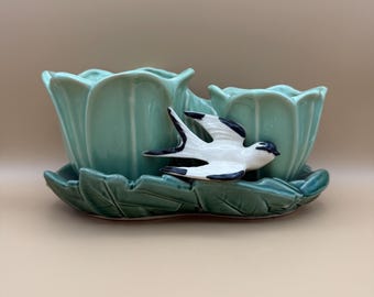 McCoy Double Tulip Planter Green Pottery Swallow Bird Figure Leaf Saucer Ceramic Floral Display Decor Mid Century Accent