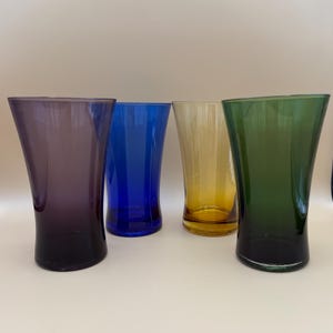 Kaj Franck Trumpet Style Colorful Cup Set Green Purple Blue Yellow Matching Tall and Short Drinking Glasses Modern Solid Tone Drinkware