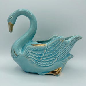 Royal Copley Swan Planter Blue White Gold Ceramic Bird Figurine Home Decor Art