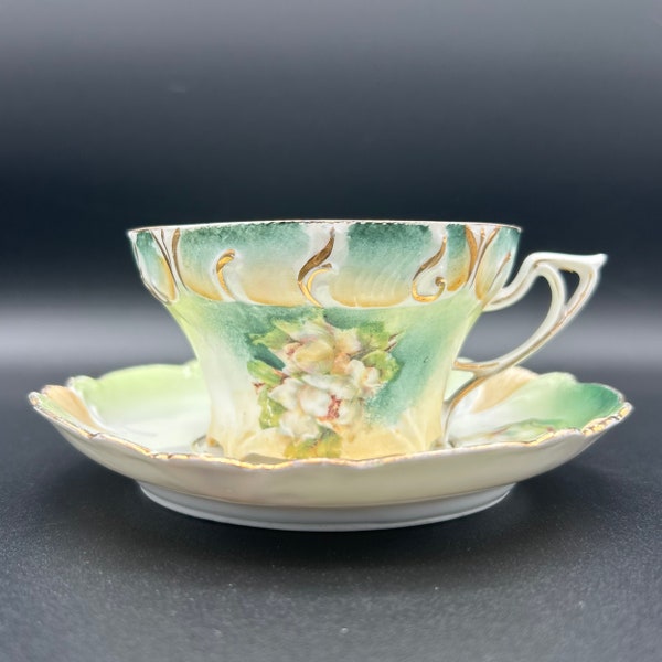 RS Prussia Teacup & Saucer Set - green, blue, cream, brown, gold, flowers, vintage, antique, ombre, orchid