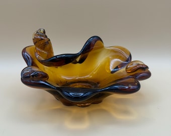 Amber Glass Ashtray Vintage Art Glass Heavy Thick Pulled Glass Decorative Smoking Tray Mid Century Amber Colored Tabletop Decor