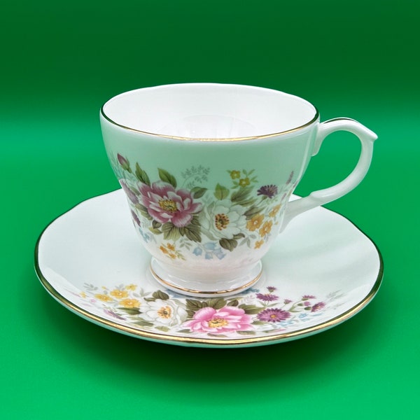 Duchess Tea Cup and Saucer Set - England, vintage, antique, Bone China, pink, purple, yellow, green, gold, floral, flowers