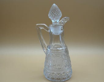 Duncan & Miller Sandwich Cruet Clear Pressed Glass Oil Vinegar Cruet Lacy Scrollwork Pattern Faceted Stopper Table Decor
