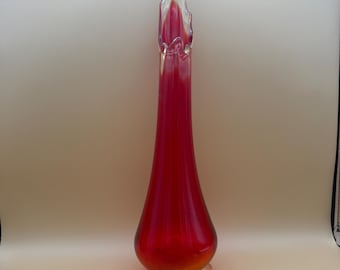 Red Hand Blown Footed Vase Mid-Century Modern Swung Art Glass Decor Colorful Sculptural Display Piece Home Accents