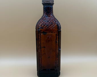 McKesson & Robbins Cod Liver Oil Bottle Amber Glass Fish Bottle Textured Scales Vintage Apothecary Medical Bottle Display Decor