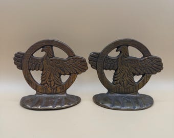Bronze Eagle Bookends Pair WWII Ruptured Duck Honorable Service Lapel Button Military Decor Solid Heavy Bronze Patriotic Shelf Decor