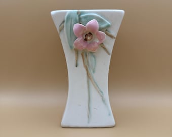 McCoy Blossom Time Vase Pink Flower White Pottery Rectangle Vase Ceramic Floral Decor 1940s Collectible Cottage Display