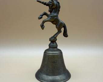Unicorn Bell Brass Metal Bell Rearing Unicorn Handle Equestrian Fantasy Decor Collectible Desk Bell Vintage Cottage Display