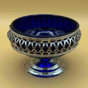 Pot à crème et sucriers bleus et chromés, cobalt, vintage, antique, métal, verre