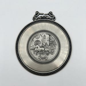 Pewter Wall Plate: Horse-Drawn Carriage & Church Scene - German Collectible