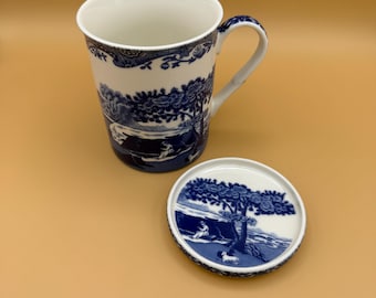 Spode Blue Italian Mug and Coaster Set Blue White Porcelain Landscape Design Dishwasher Safe Microwave Safe Tea Cup