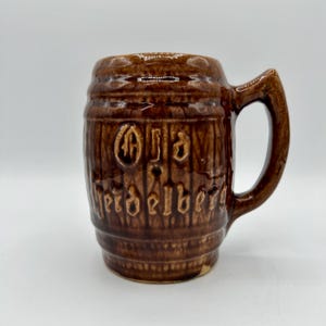Old Heidelberg Barrel Stein: Brown Glaze Ceramic Beer Mug