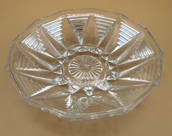 Anchor Hocking Clear Pressed Glass Bowl Geometric Ladder Line Starburst Pattern Multi Faceted Rim Vintage Table Decor Serving Bowl