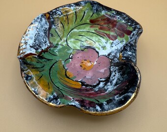 Italian Ceramic Trinket Bowl Hand Painted Pink Floral Green Black Gold Gilded Rim Ruffled Edge Small Jewelry Dish Decorative Bowl