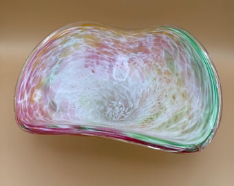 Hand Blown Multicolor Centerpiece Bowl with White Pink Orange Yellow Accents Artistic Narrow Base Decorative Table Display Statement Piece