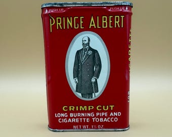 Prince Albert Crimp Cut Tobacco Tin Pocket Tin Hinged Lid Red Yellow King Edward VII Portrait Pipe Cigarette Tobacco Advertising