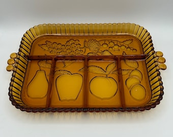 Amber Fruit Design Glass Serving Tray - Indiana Glass Co dish vintage antique