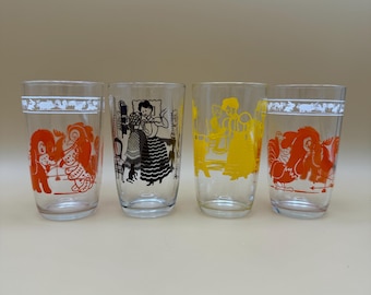 Bicchieri da succo Kraft Swanky Swig Kiddie Kup • Design colorati anni '50-'60 con cuccioli, polli e donne vittoriane • Venduti singolarmente