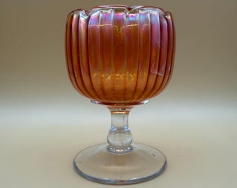 Fenton Marigold Carnival Glass Compote Dish Footed Bowl Ribbed Body Orange Iridescent Glass Vintage Dessert Candy Dish Table Decor
