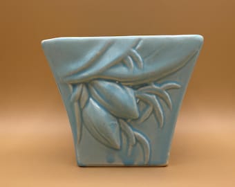 McCoy Light Blue Ceramic Planter, Square Pot with Embossed Leaf Design, Turquoise Matte Glaze Vase, Mid Century Home Decor