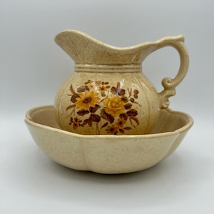 McCoy Pottery Pitcher and Bowl Set Old Heritage Yellow Floral Creamy Finish with Decal Farmhouse Cottagecore Rustic Home Decor