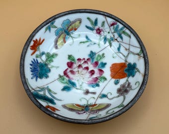 Plato de cerámica con forma de flor de mariposa, cuenco decorativo con revestimiento de metal (diámetro de 10 cm, cerámica agrietada)