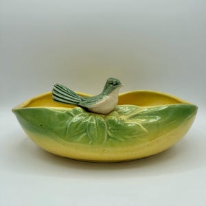 McCoy Yellow with Green Tints Bird Bath Oval Planter Pottery Floral Container Decorative Mid Century Ceramic Art Garden Home Accent