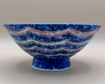 Footed Rice Bowl in Blue, Orange, Yellow, and White – Colorful Decorative Bowl