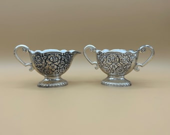Silver & Porcelain Creamer and Sugar Bowl - floral design vintage antique old