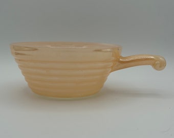 Peach Lusterware Bowl with Handle - white Fire King glass vintage antique old