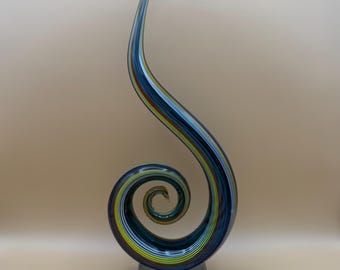 Hand-Pulled Glass Spiral Sculpture, Striped Pedestal Art