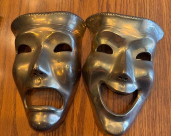 Brass Comedy & Tragedy Theater Masks Set of 2, Indian Metal Wall Art, Happy Sad Face Mask Pair, Theater Decor Sculpture Home Accent Collect