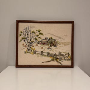 Vintage Framed Nature and House Needlepoint/ Cross-Stitch- Embroidered Landscape- Free Shipping