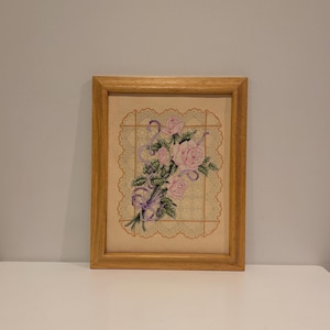 Vintage Framed Floral Needlepoint Art- Embroidered Pink Roses- Free Shipping