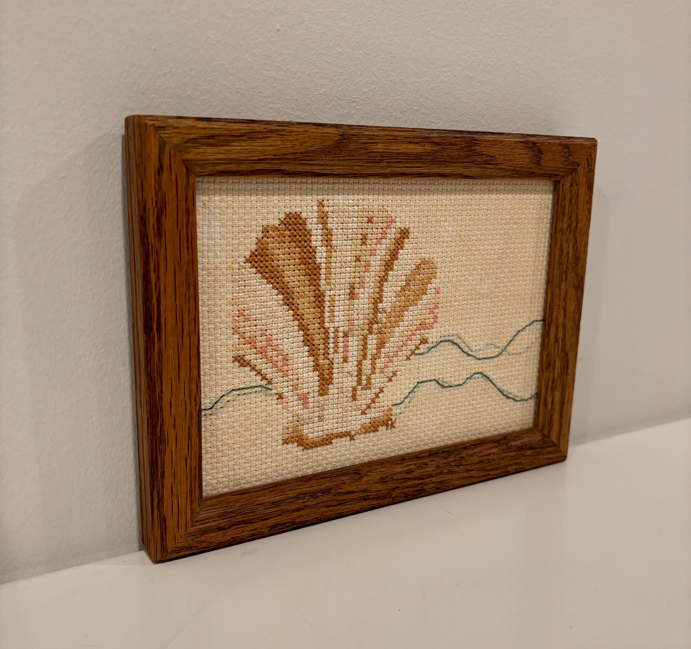 Shell Pattern Needlepoint Vintage Framed Sea Shell Needlepoint/cross-stitch Art Costal ...