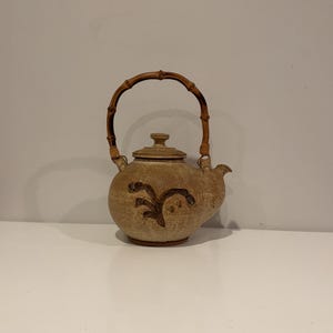 Vintage Handmade Teapot With Bamboo Handle- Artist Signed- Clay Teapot- Free Shipping