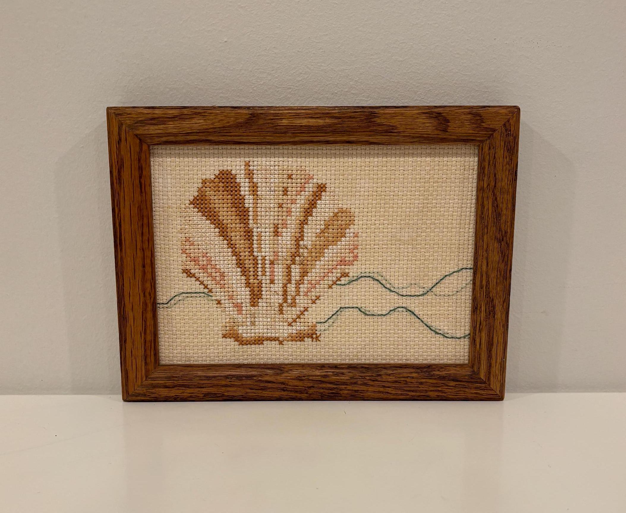 Shell Pattern Needlepoint Vintage Framed Sea Shell Needlepoint/cross-stitch Art Costal ...