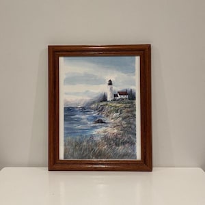 Original Watercolor Lighthouse Landscape Painting- Artist Signed- Free Shipping
