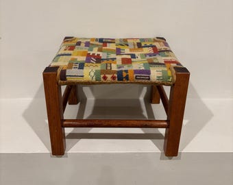 Small Wood Vintage Needlepoint Stool- Step Stool, Foot Stool, Wood Riser, Plant Stand, Garden Seat