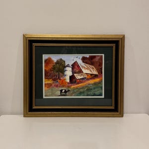 Original Watercolor Barn Landscape Painting- Artist Signed- Free Shipping