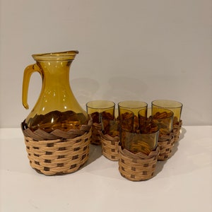 Vintage Amber Glass Decanter/Pitcher And Cups Set- Italian Carafe- Made In Italy- Free Shipping