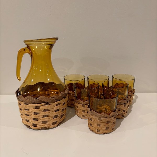 Vintage Amber Glass Decanter/Pitcher And Cups Set- Italian Carafe- Made In Italy- Free Shipping