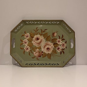 Vintage Floral Hand Painted Tole Tray- Decorative Tray- Free Shipping