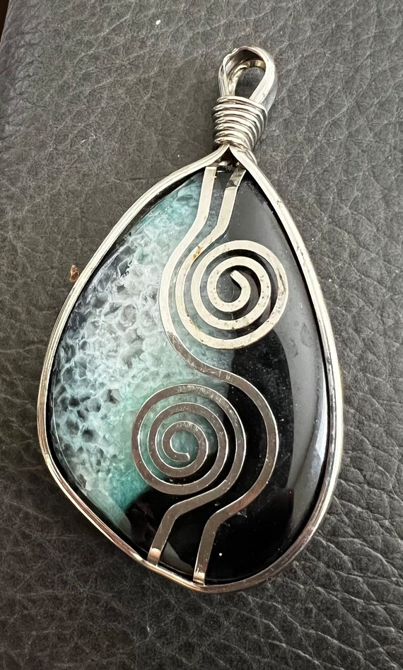 Swirly Large Blue and Black Stone Pendant, Vintag… - image 1