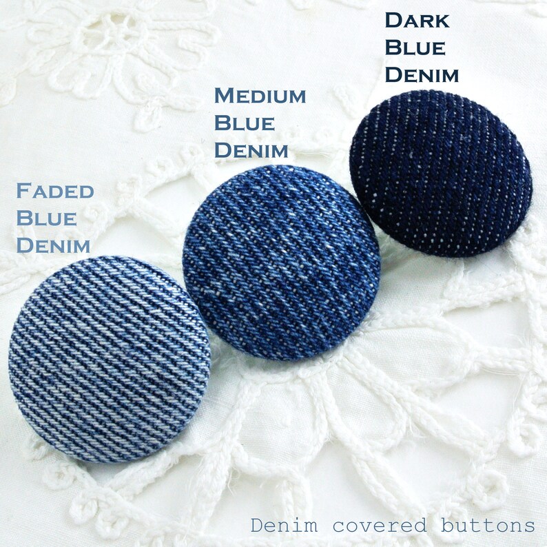 DENIM 7/8 inch 36L 23mm Black, Dark, Medium, Faded Jean Fabric Covered Shank BUTTONS image 6